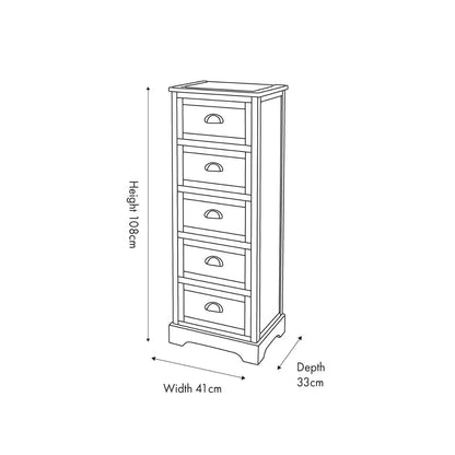 Olive Green Pine Wood 5 Drawer Tall Boy Chest of Drawers Dimensions Drawing 108x41x33cm | Click Style