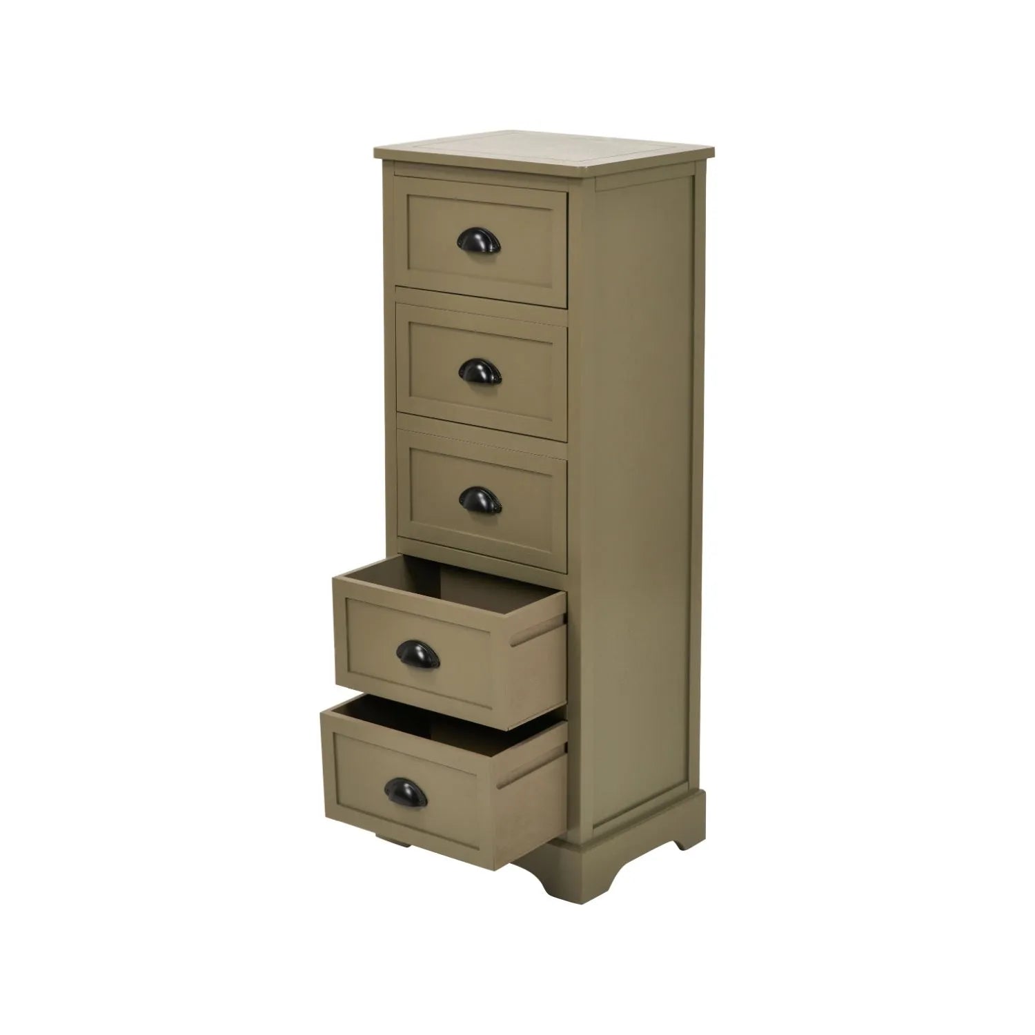 Olive Green Pine Wood 5 Drawer Tall Boy Chest of Drawers with Matt Black Cup Handles Angled Left View with Two Bottom Drawers Open | Click Style