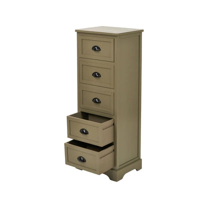 Olive Green Pine Wood 5 Drawer Tall Boy Chest of Drawers with Matt Black Cup Handles Angled Left View with Two Bottom Drawers Open | Click Style