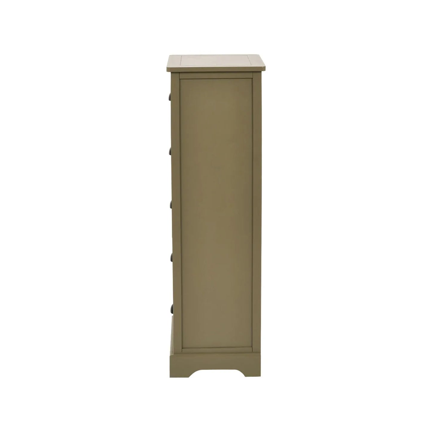 Olive Green Pine Wood 5 Drawer Tall Boy Chest of Drawers Side View Showing Matt Black Cup Handles | Click Style