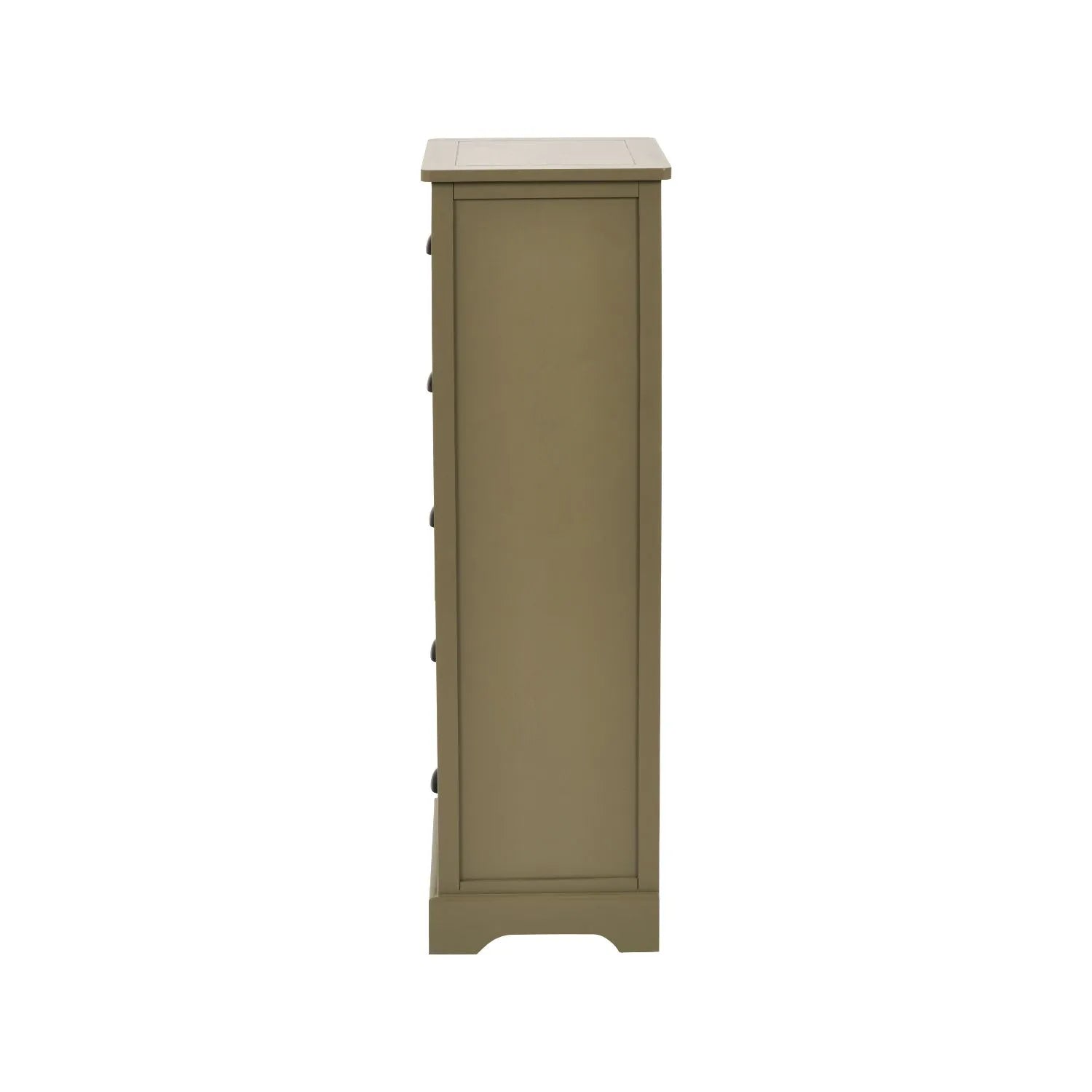 Olive Green Pine Wood 5 Drawer Tall Boy Chest of Drawers Side View Showing Matt Black Cup Handles | Click Style