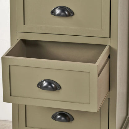 Olive Green Pine Wood 5 Drawer Tall Boy Chest of Drawers Lifestyle Close Up Showing Second Bottom Drawer Open with Matt Black Cup Handles | Click Style