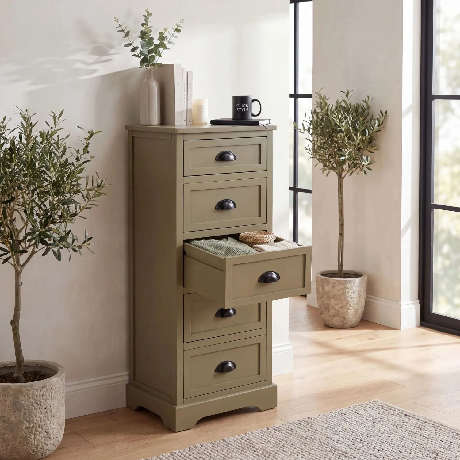 Olive Green Pine Wood 5 Drawer Tall Boy Chest of Drawers with Matt Black Cup Handles with open drawer styled in a modern country home 108x41x33cm | Click Style