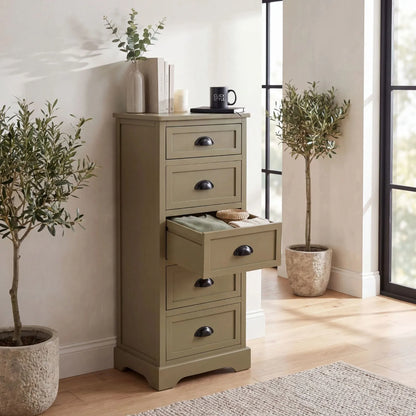 Olive Green Pine Wood 5 Drawer Tall Boy Chest of Drawers with Matt Black Cup Handles with open drawer styled in a modern country home 108x41x33cm | Click Style