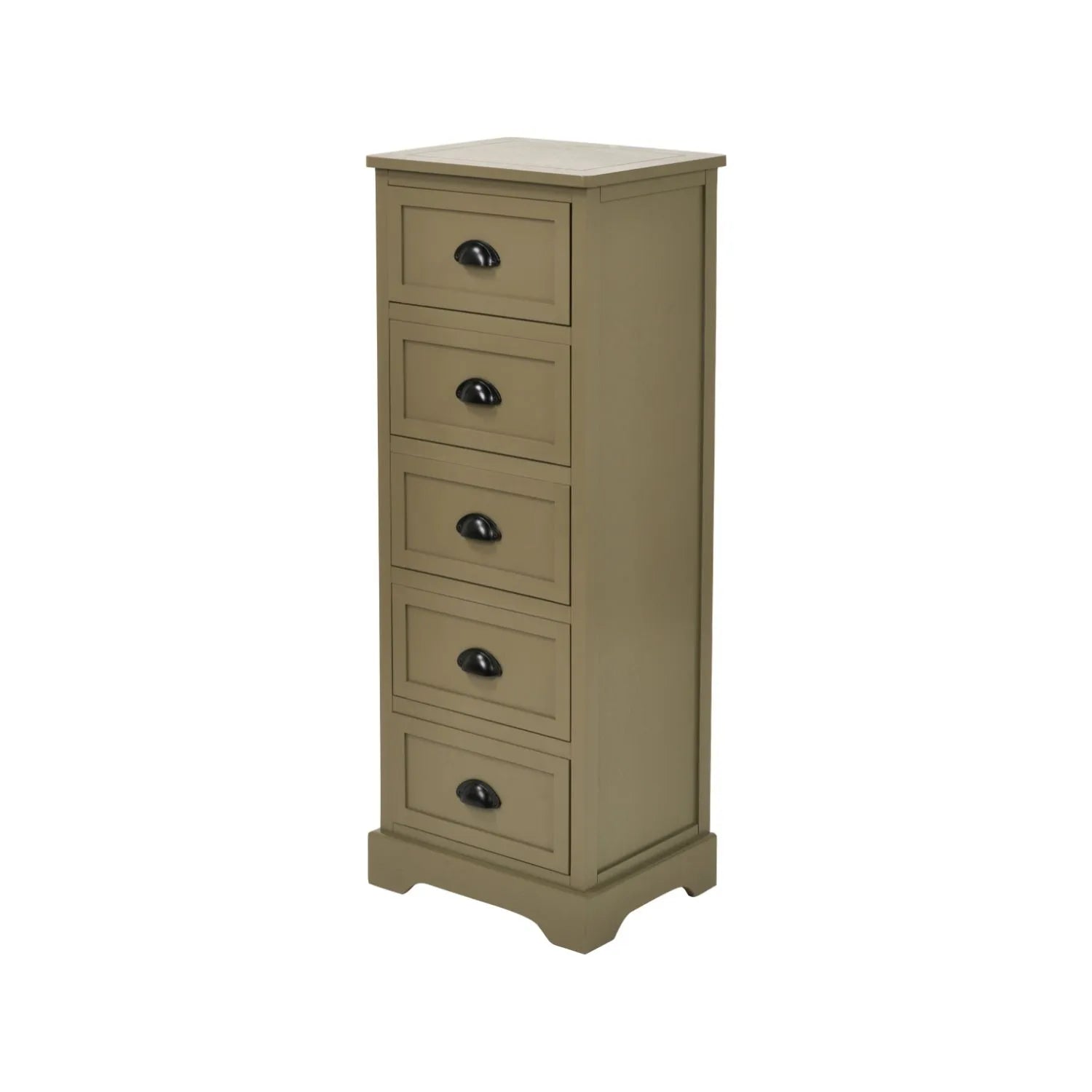 Olive Green Pine Wood 5 Drawer Tall Boy Chest of Drawers with Matt Black Cup Handles Angled Left View | Click Style