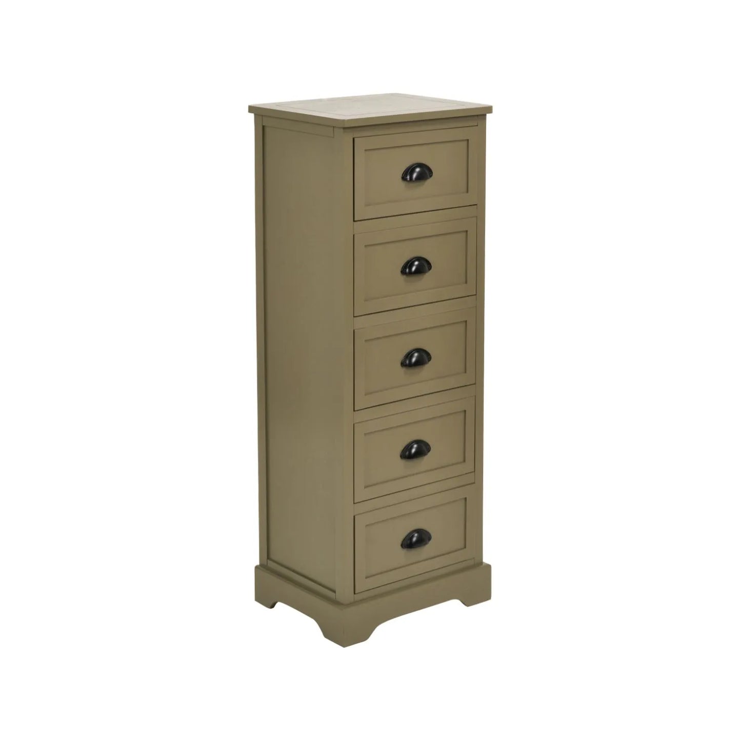 Olive Green Pine Wood 5 Drawer Tall Boy Chest of Drawers with Matt Black Cup Handles Angled Right View | Click Style