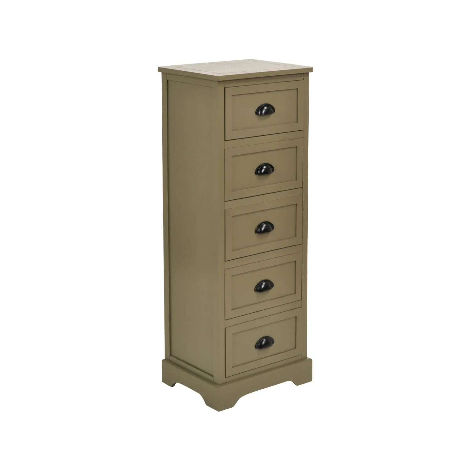 Olive Green Pine Wood 5 Drawer Tall Boy Chest of Drawers with Matt Black Cup Handles Angled Right View | Click Style