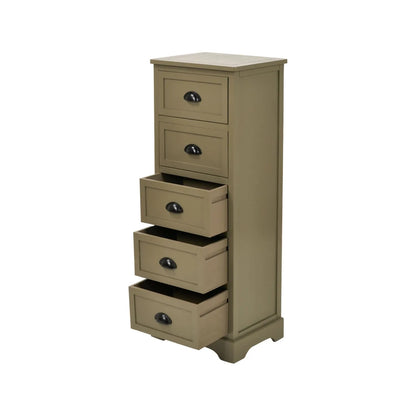 Olive Green Pine Wood 5 Drawer Tall Boy Chest of Drawers with Matt Black Cup Handles Angled Left View with Three Bottom Drawers Open | Click Style