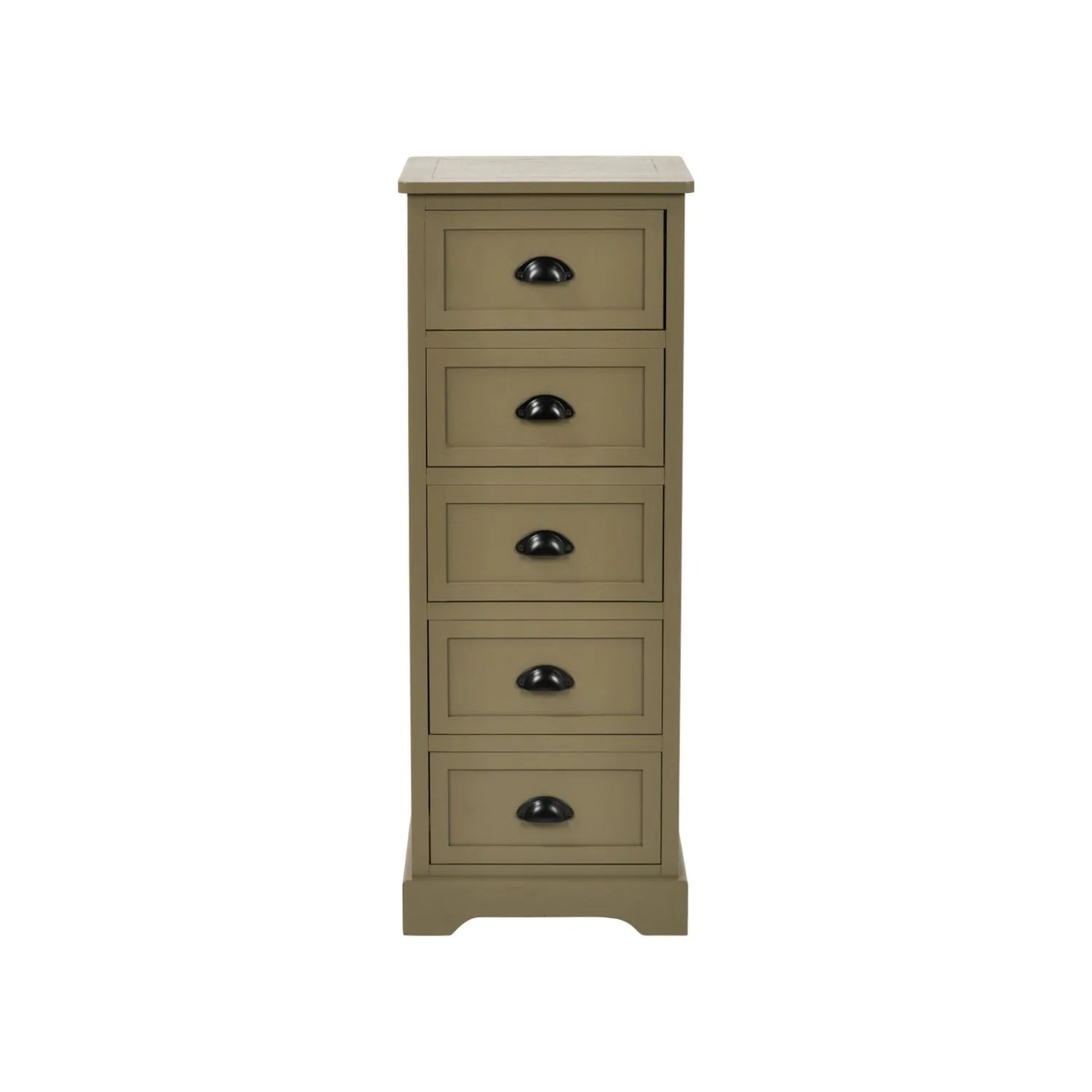 Olive Green Pine Wood 5 Drawer Tall Boy Chest of Drawers with Matt Black Cup Handles Front View | Click Style