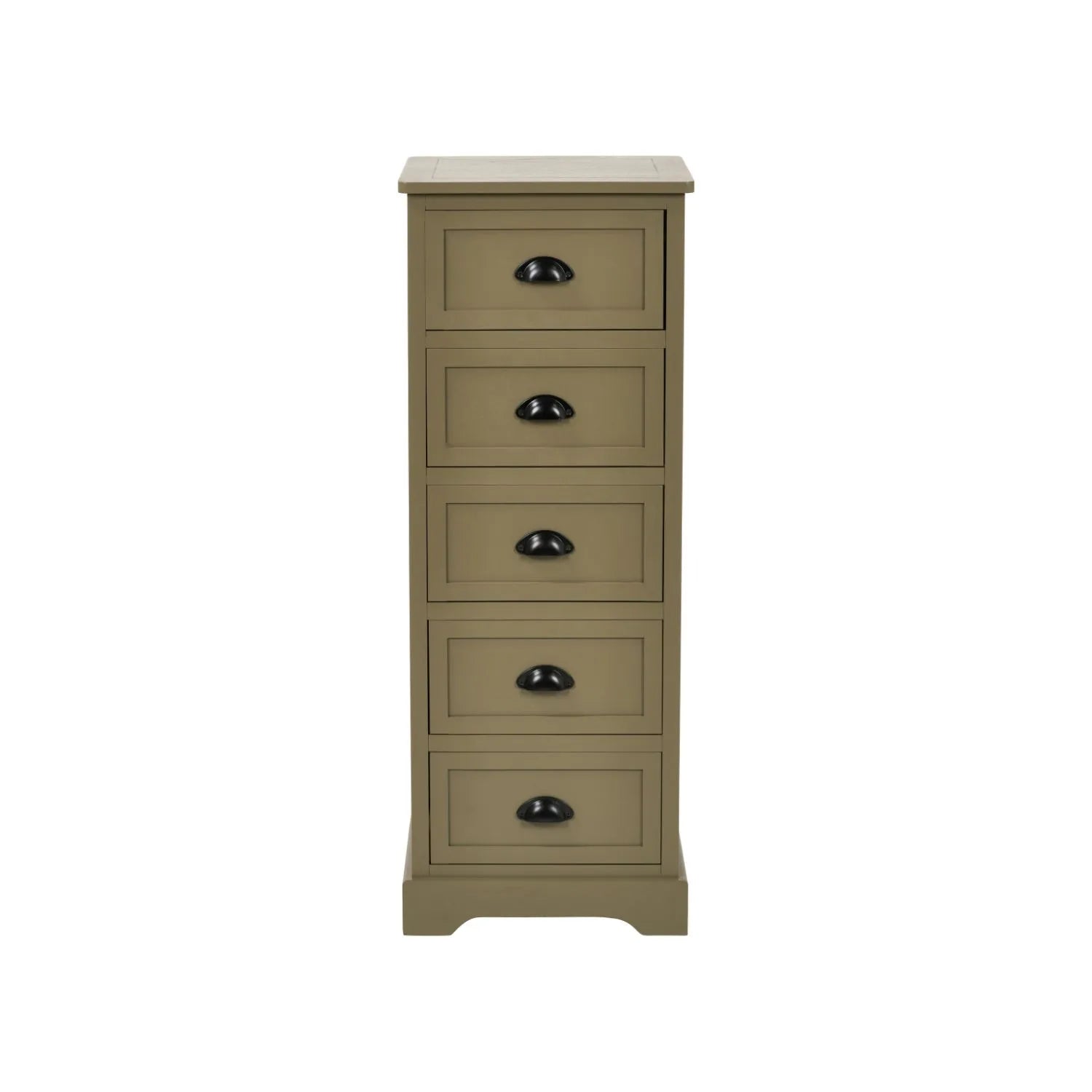 Olive Green Pine Wood 5 Drawer Tall Boy Chest of Drawers with Matt Black Cup Handles Front View | Click Style