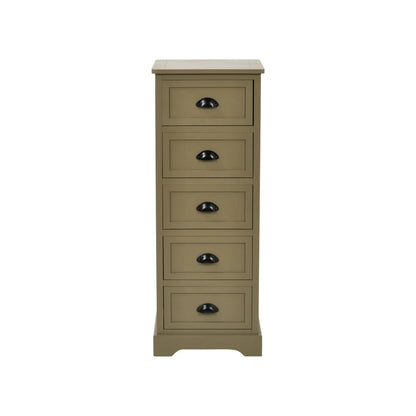 Olive Green Pine Wood 5 Drawer Tall Boy Chest of Drawers with Matt Black Cup Handles Front View | Click Style
