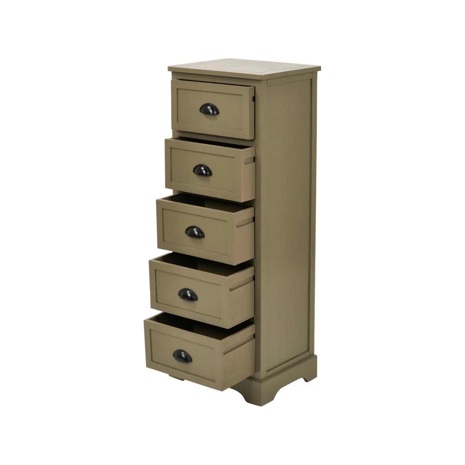 Olive Green Pine Wood 5 Drawer Tall Boy Chest of Drawers with Matt Black Cup Handles Angled Left View with All Five Drawers Open | Click Style