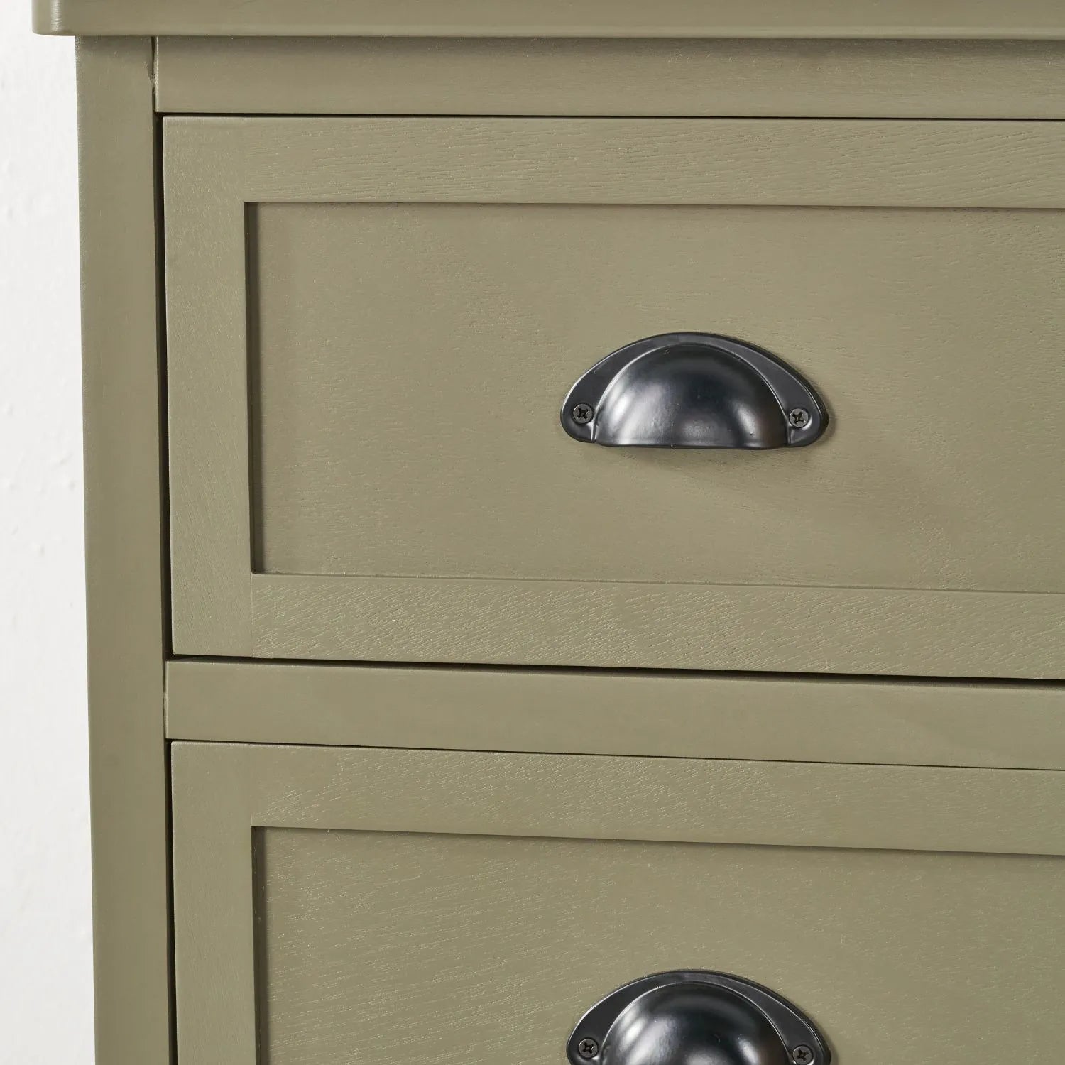 Olive Green Pine Wood 5 Drawer Tall Boy Chest of Drawers Close Up Front View Showing Top Drawer Moulded Top and Matt Black Cup Handle | Click Style