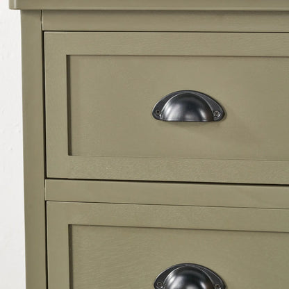 Olive Green Pine Wood 5 Drawer Tall Boy Chest of Drawers Close Up Front View Showing Top Drawer Moulded Top and Matt Black Cup Handle | Click Style