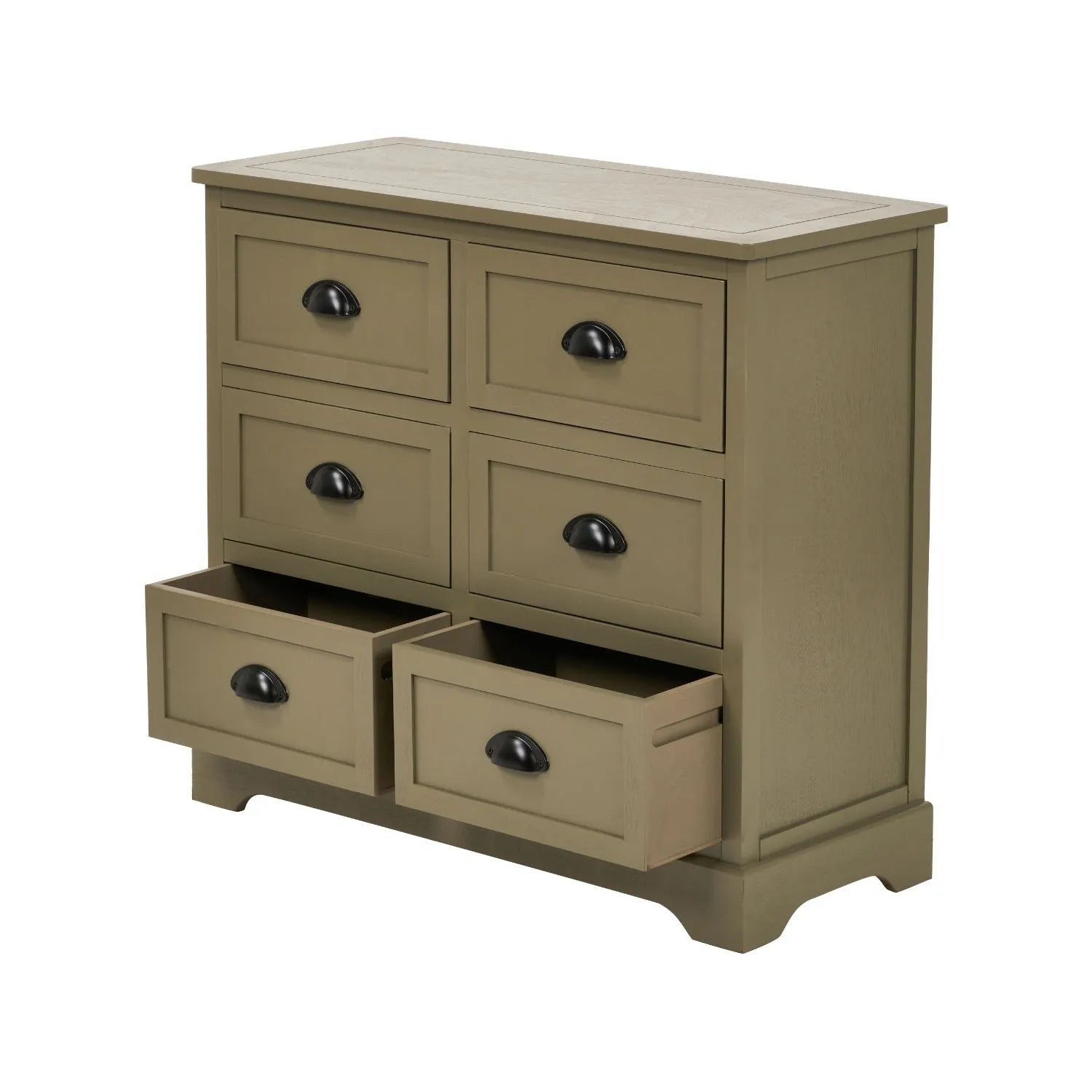 ngled View of Olive Green Pine Wood 6 Drawer Chest of Drawers with Two Bottom Drawers Open and Matt Black Cup Handles 70x76x33cm | Click Style