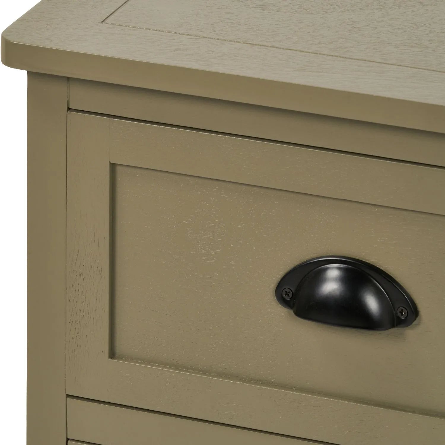Close Up of Top Left Drawer with Matt Black Cup Handle on Olive Green Pine Wood 6 Drawer Chest of Drawers 70x76x33cm | Click Style