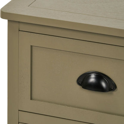 Close Up of Top Left Drawer with Matt Black Cup Handle on Olive Green Pine Wood 6 Drawer Chest of Drawers 70x76x33cm | Click Style
