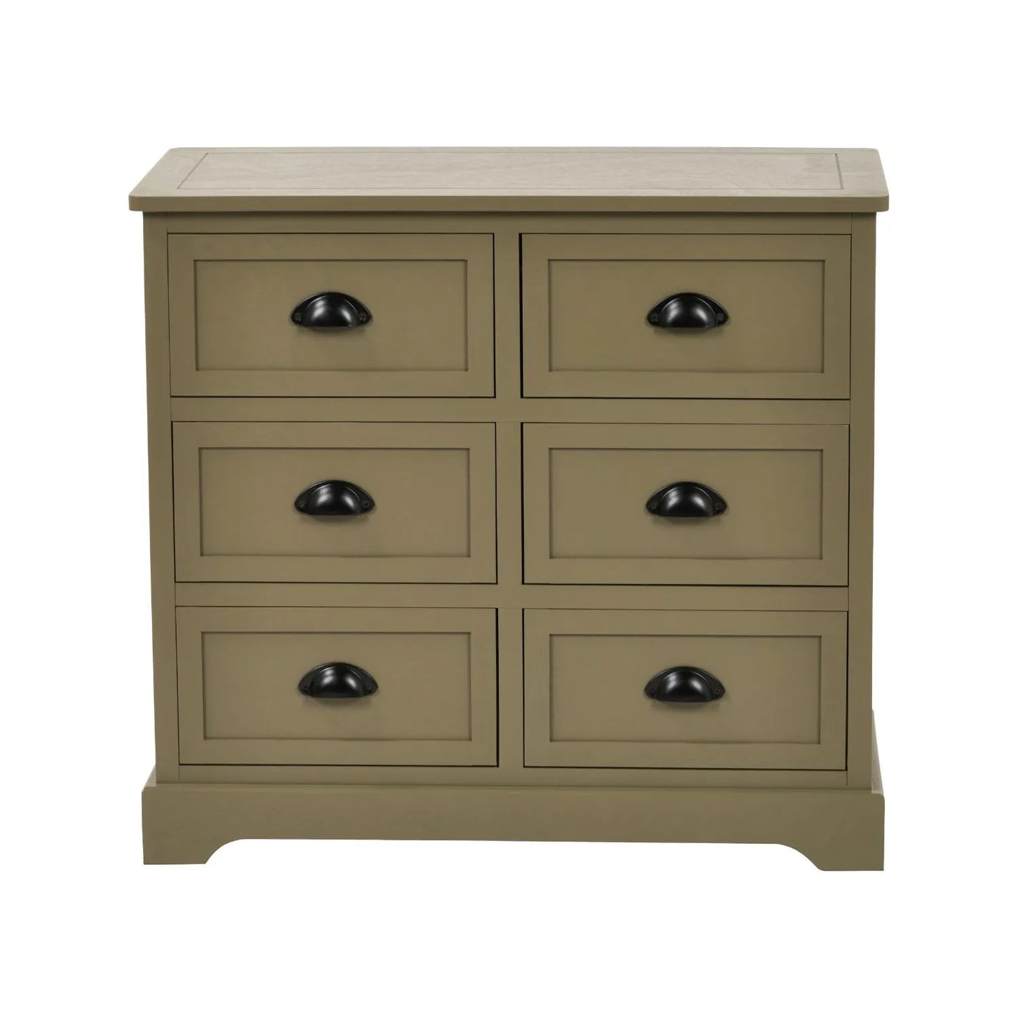 Olive Green Pine Wood 6 Drawer Chest of Drawers with Matt Black Cup Handles 70x76x33cm | Click Style