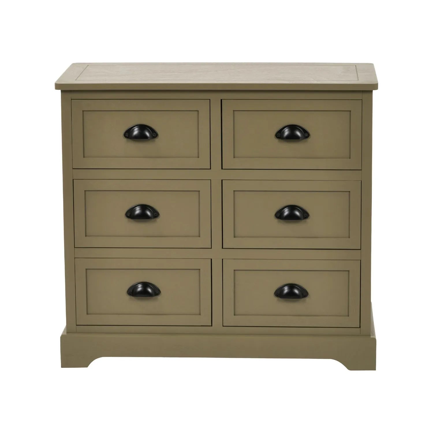 Olive Green Pine Wood 6 Drawer Chest of Drawers with Matt Black Cup Handles 70x76x33cm | Click Style