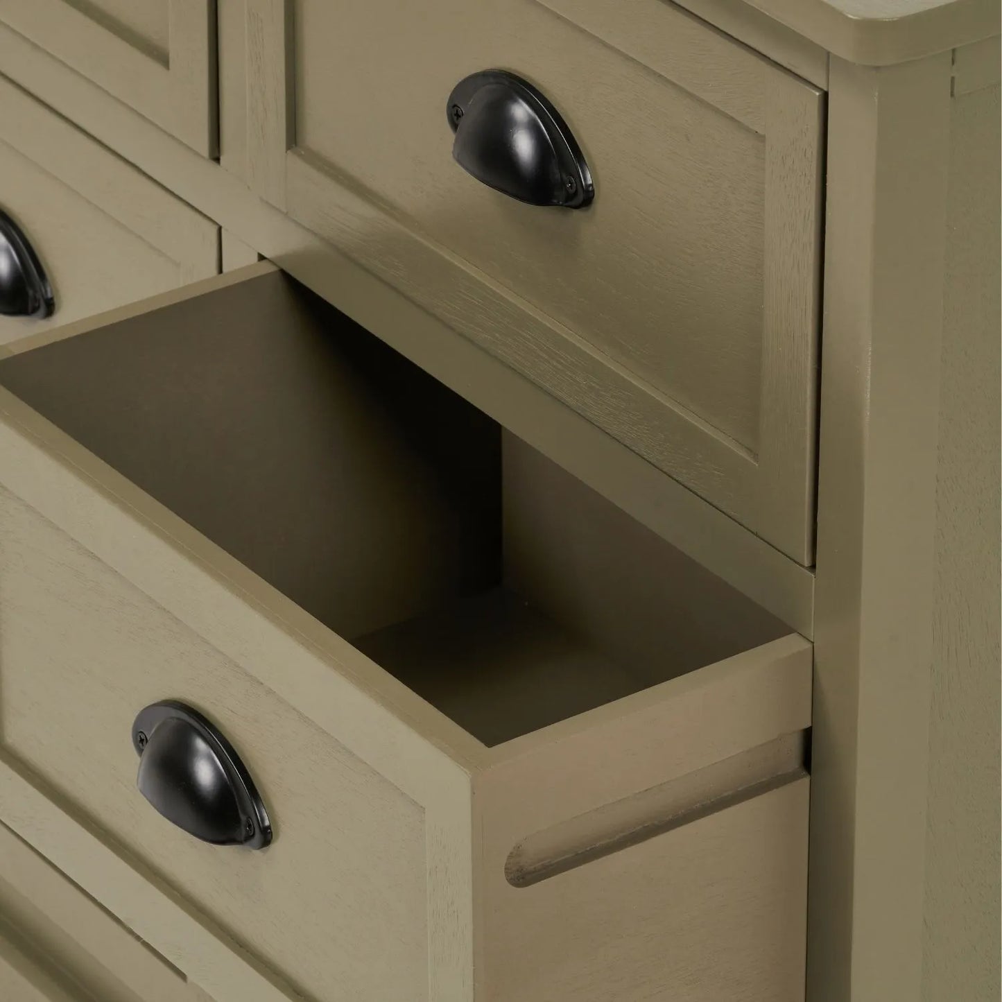 Close Up of Open Drawer with Matt Black Cup Handle on Olive Green Pine Wood 6 Drawer Chest of Drawers 70x76x33cm | Click Style