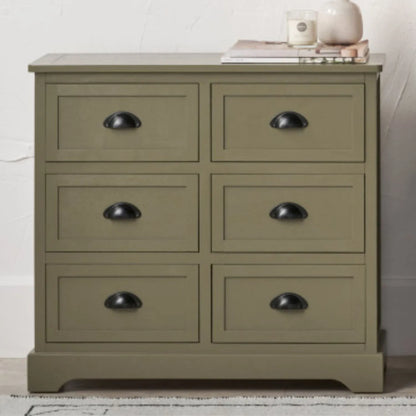 Olive Green Pine Wood 6 Drawer Chest of Drawers with Matt Black Cup Handles Styled in a Contemporary Home 70x76x33cm | Click Style