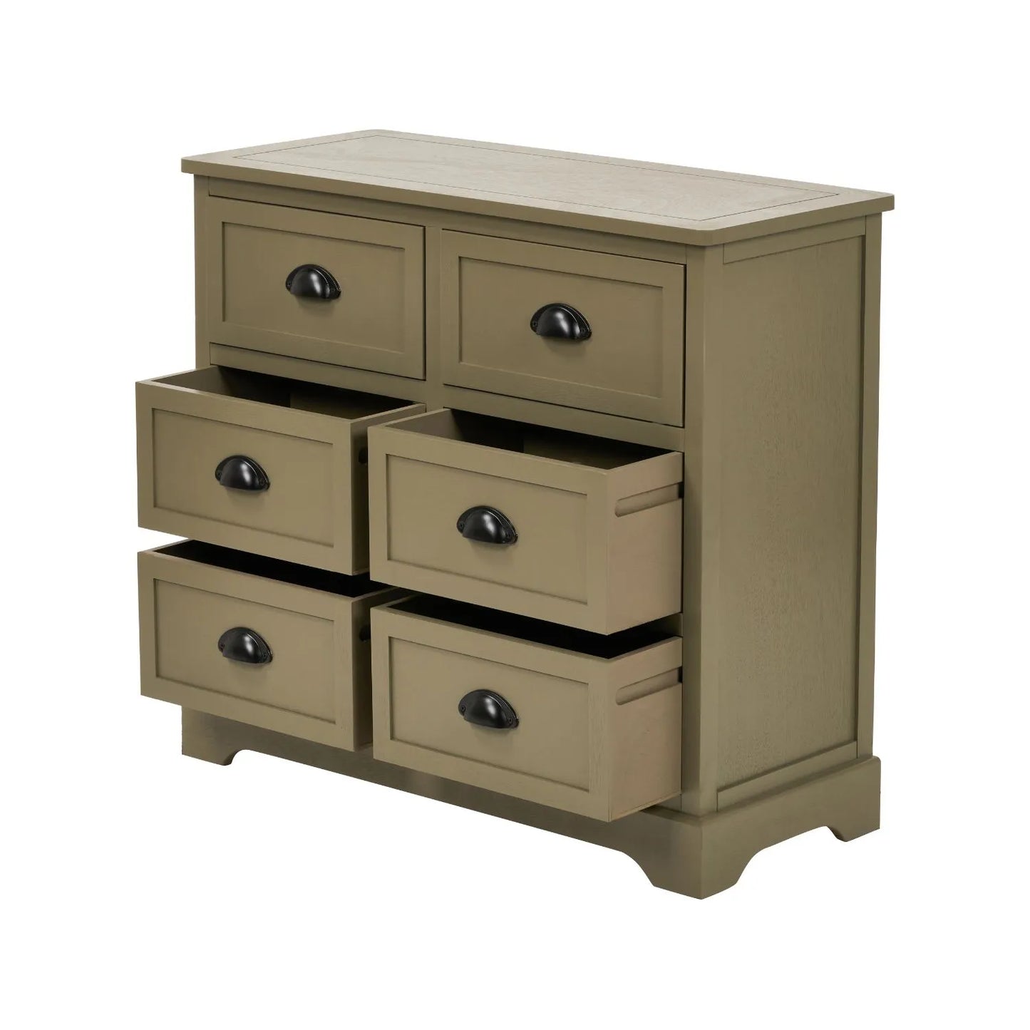 Angled View of Olive Green Pine Wood 6 Drawer Chest of Drawers with Four Drawers Open and Matt Black Cup Handles 70x76x33cm | Click Style