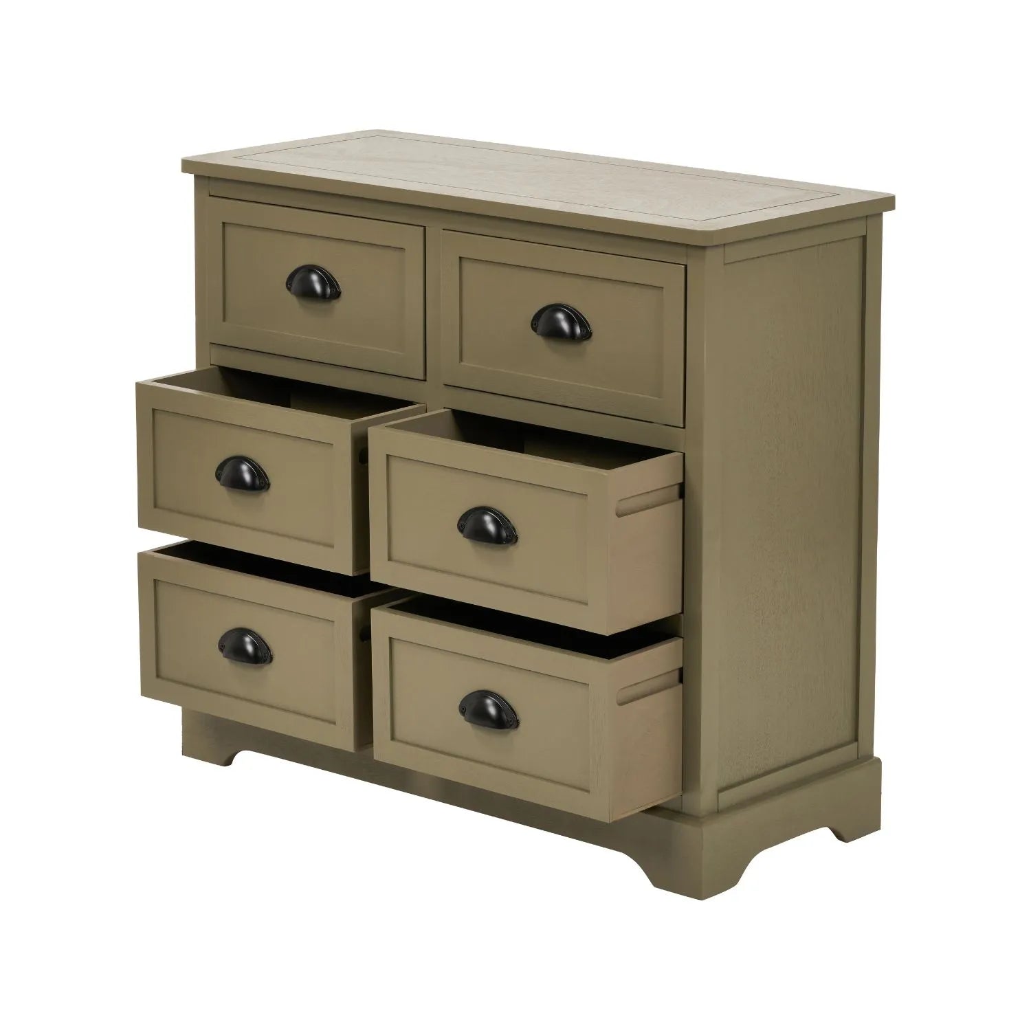 Angled View of Olive Green Pine Wood 6 Drawer Chest of Drawers with Four Drawers Open and Matt Black Cup Handles 70x76x33cm | Click Style