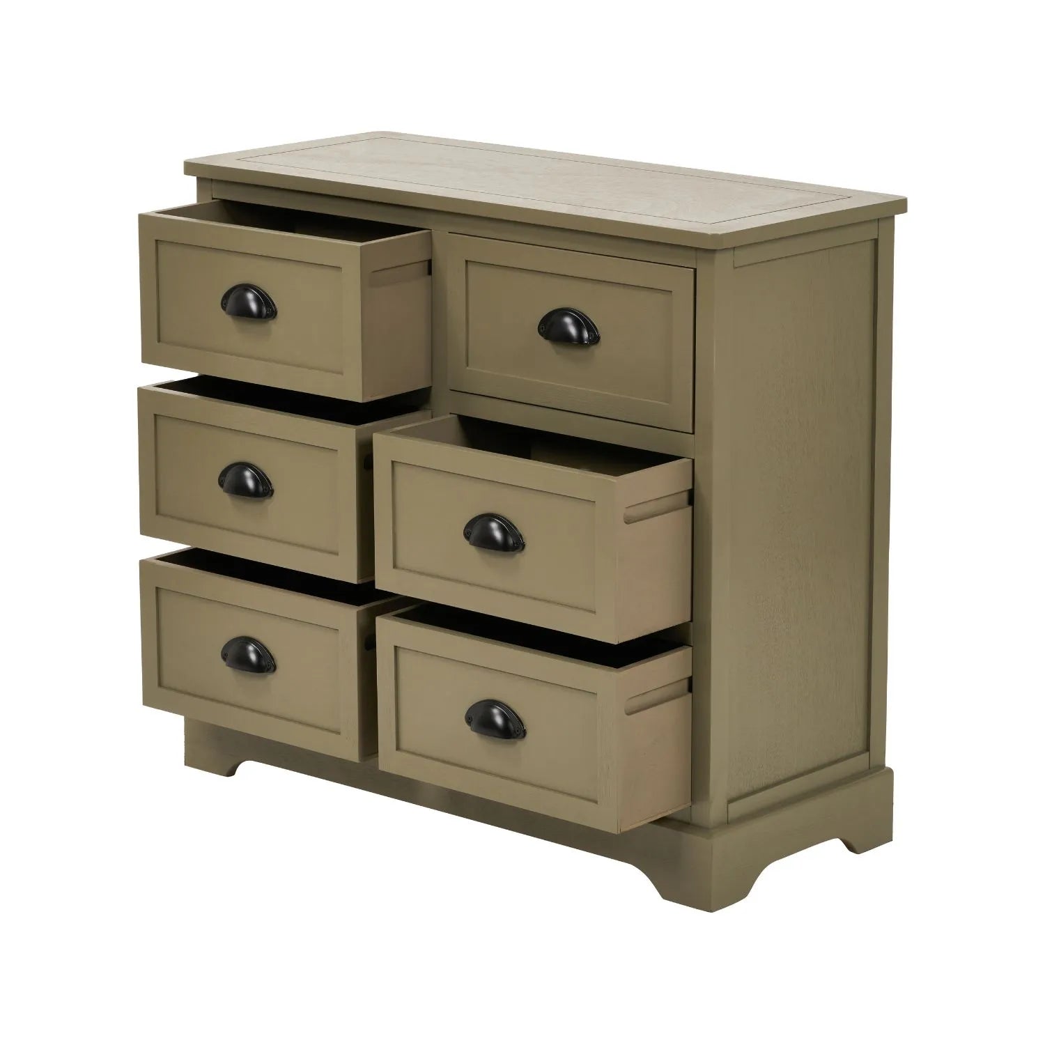 Angled View of Olive Green Pine Wood 6 Drawer Chest of Drawers with Five Drawers Open and Matt Black Cup Handles 70x76x33cm | Click Style