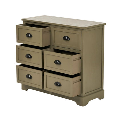 Angled View of Olive Green Pine Wood 6 Drawer Chest of Drawers with Five Drawers Open and Matt Black Cup Handles 70x76x33cm | Click Style