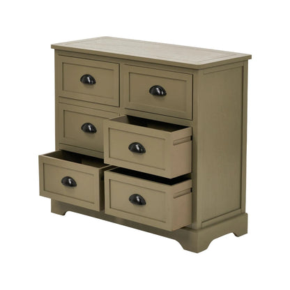 Angled View of Olive Green Pine Wood 6 Drawer Chest of Drawers with Three Drawers Open and Matt Black Cup Handles 70x76x33cm | Click Style