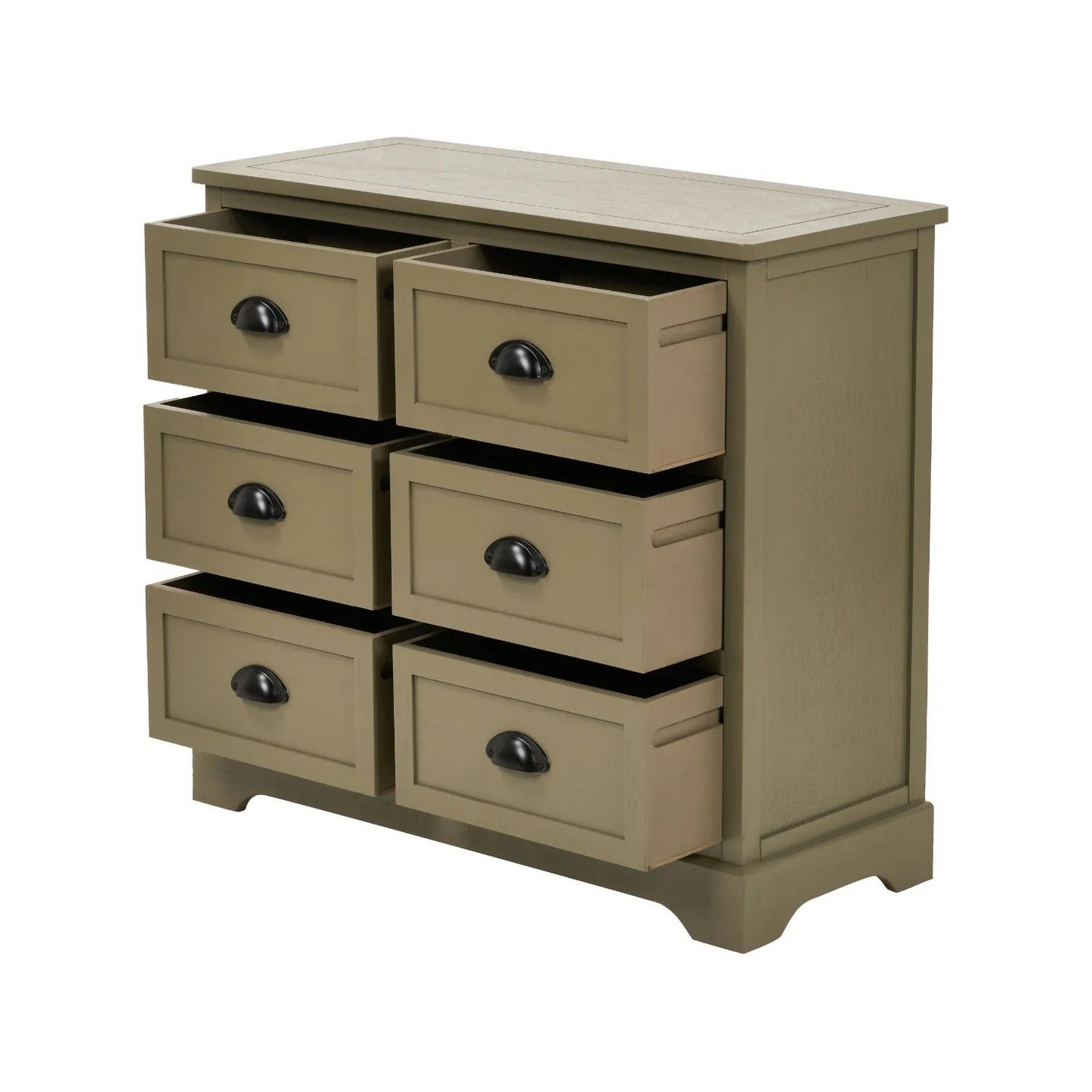 Angled View of Olive Green Pine Wood 6 Drawer Chest of Drawers with All Six Drawers Open and Matt Black Cup Handles 70x76x33cm | Click Style