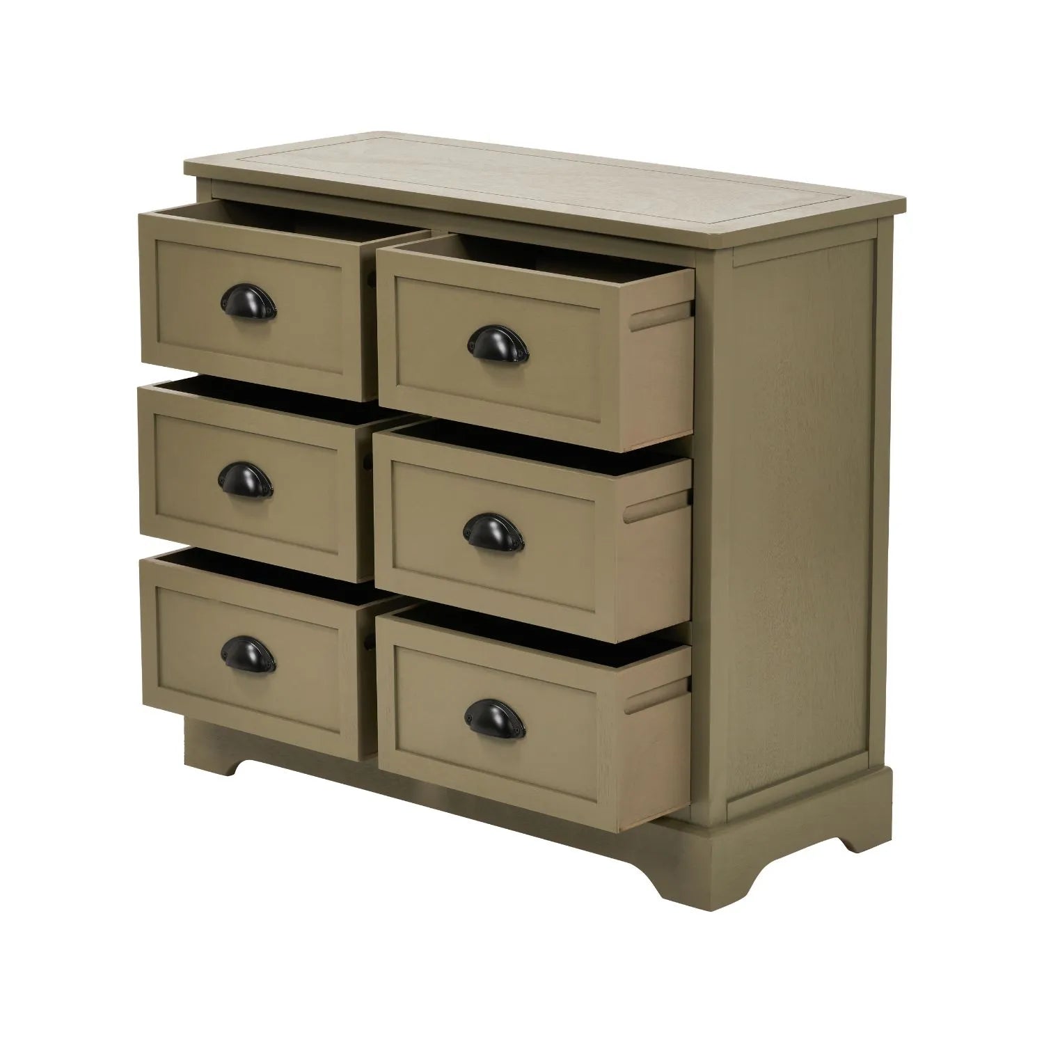 Angled View of Olive Green Pine Wood 6 Drawer Chest of Drawers with All Six Drawers Open and Matt Black Cup Handles 70x76x33cm | Click Style