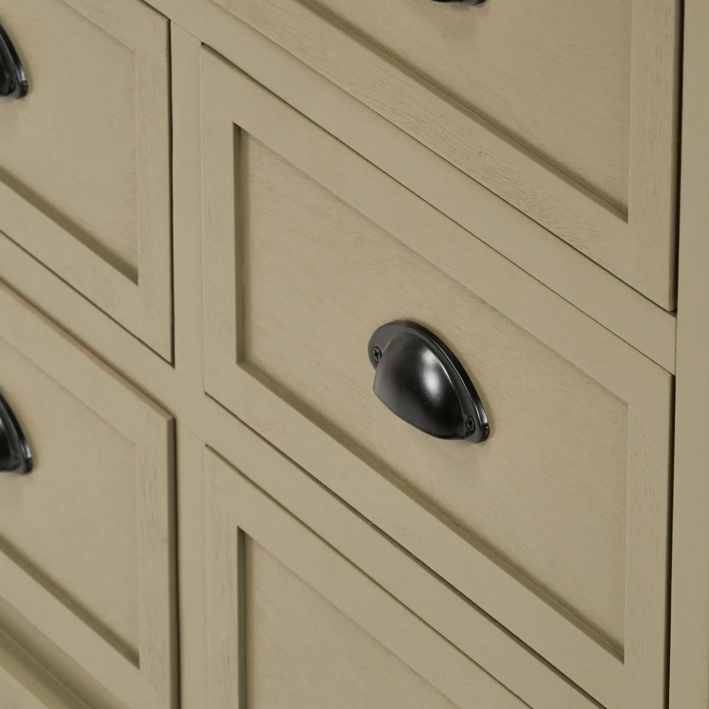 Close Up of Matt Black Cup Handle on Olive Green Pine Wood 6 Drawer Chest of Drawers 70x76x33cm | Click Style