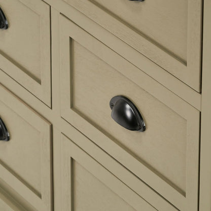 Close Up of Matt Black Cup Handle on Olive Green Pine Wood 6 Drawer Chest of Drawers 70x76x33cm | Click Style