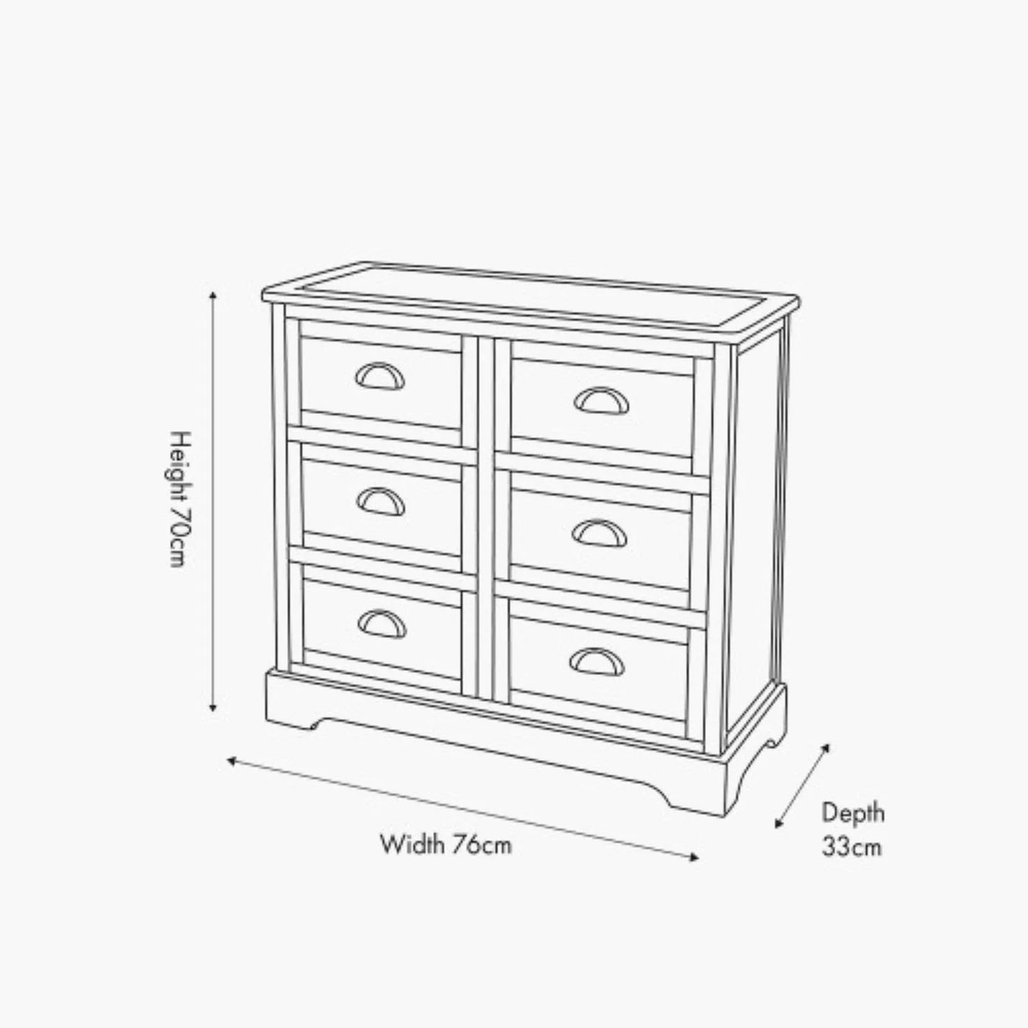 Dimensions Drawing for Olive Green Pine Wood 6 Drawer Chest of Drawers with Matt Black Cup Handles 70x76x33cm | Click Style