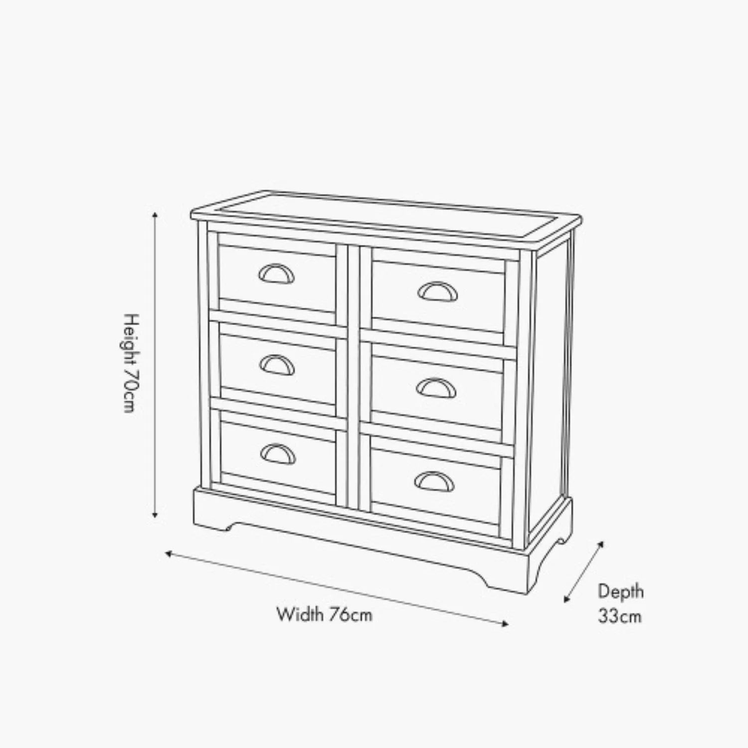 Dimensions Drawing for Olive Green Pine Wood 6 Drawer Chest of Drawers with Matt Black Cup Handles 70x76x33cm | Click Style