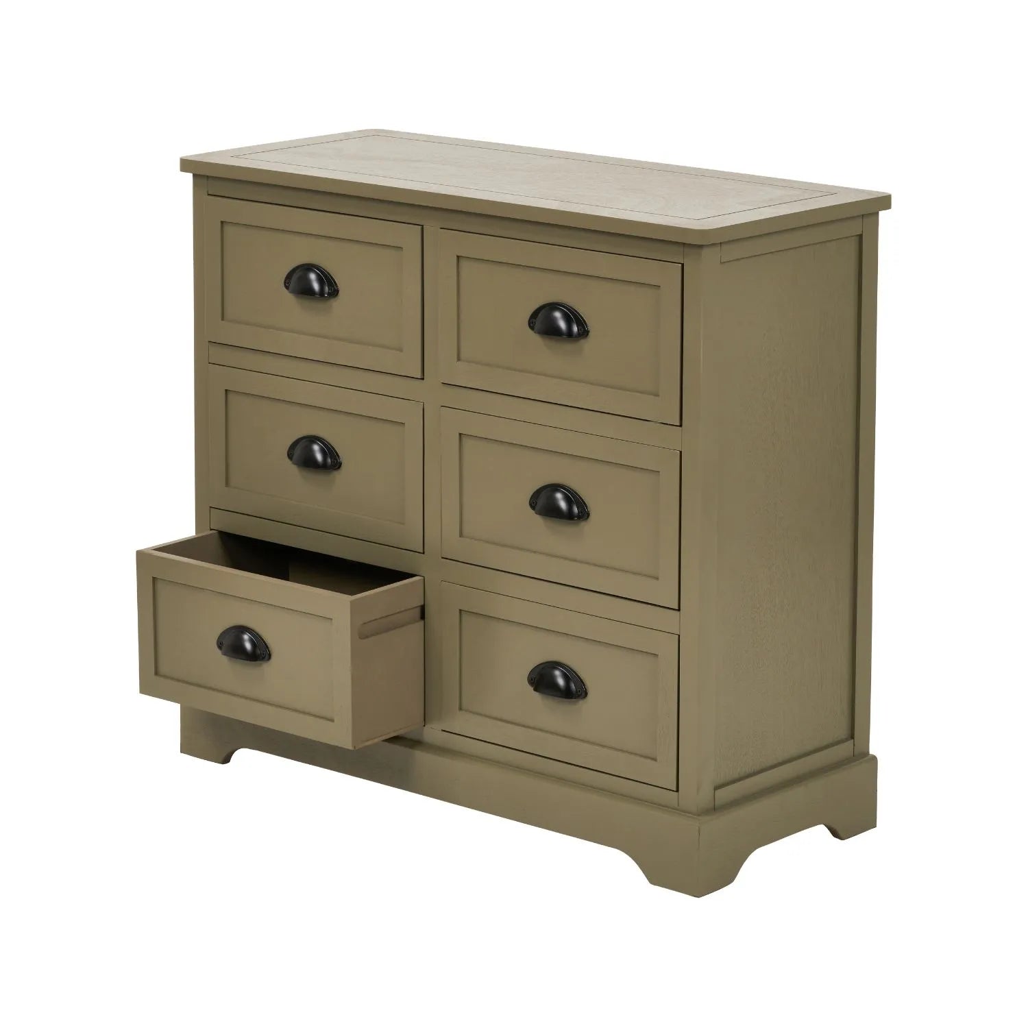 Angled View of Olive Green Pine Wood 6 Drawer Chest of Drawers with Bottom Drawer Open and Matt Black Cup Handles 70x76x33cm | Click Style