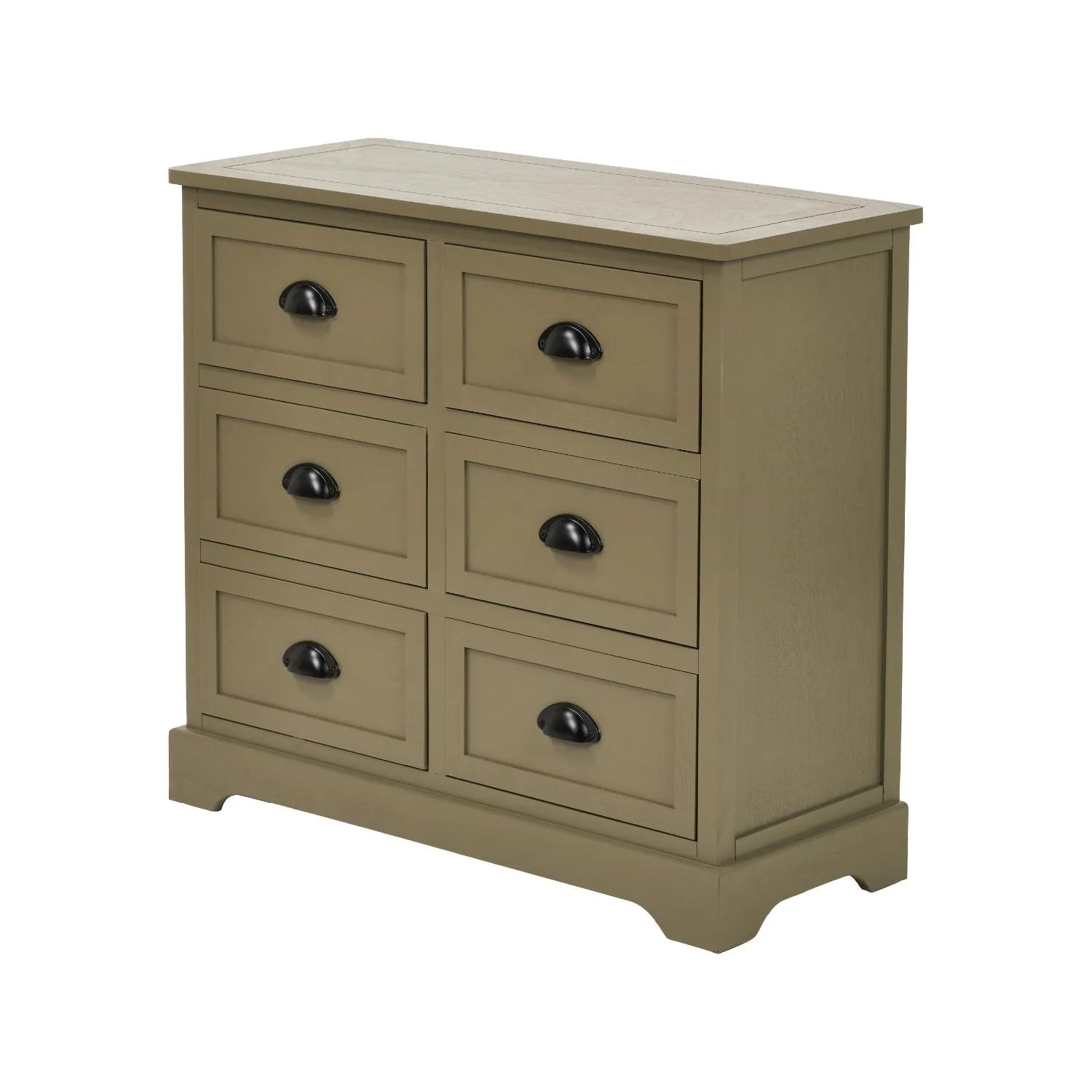 Angled View of Olive Green Pine Wood 6 Drawer Chest of Drawers with Matt Black Cup Handles 70x76x33cm | Click Style