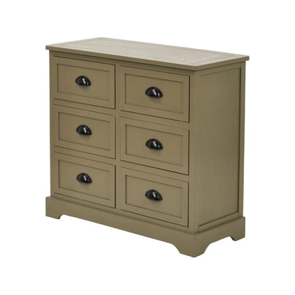 Angled View of Olive Green Pine Wood 6 Drawer Chest of Drawers with Matt Black Cup Handles 70x76x33cm | Click Style