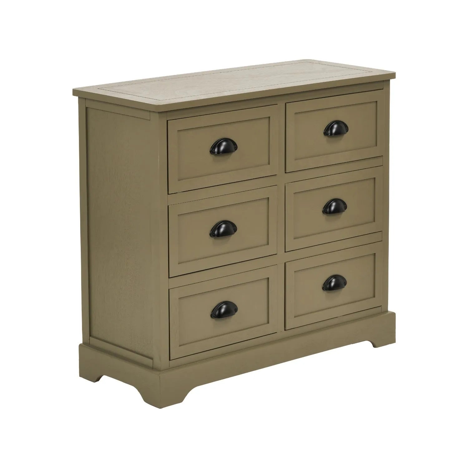Olive Green Pine Wood 6 Drawer Chest of Drawers with Matt Black Cup Handles Angled Front View 70x76x33cm | Click Style
