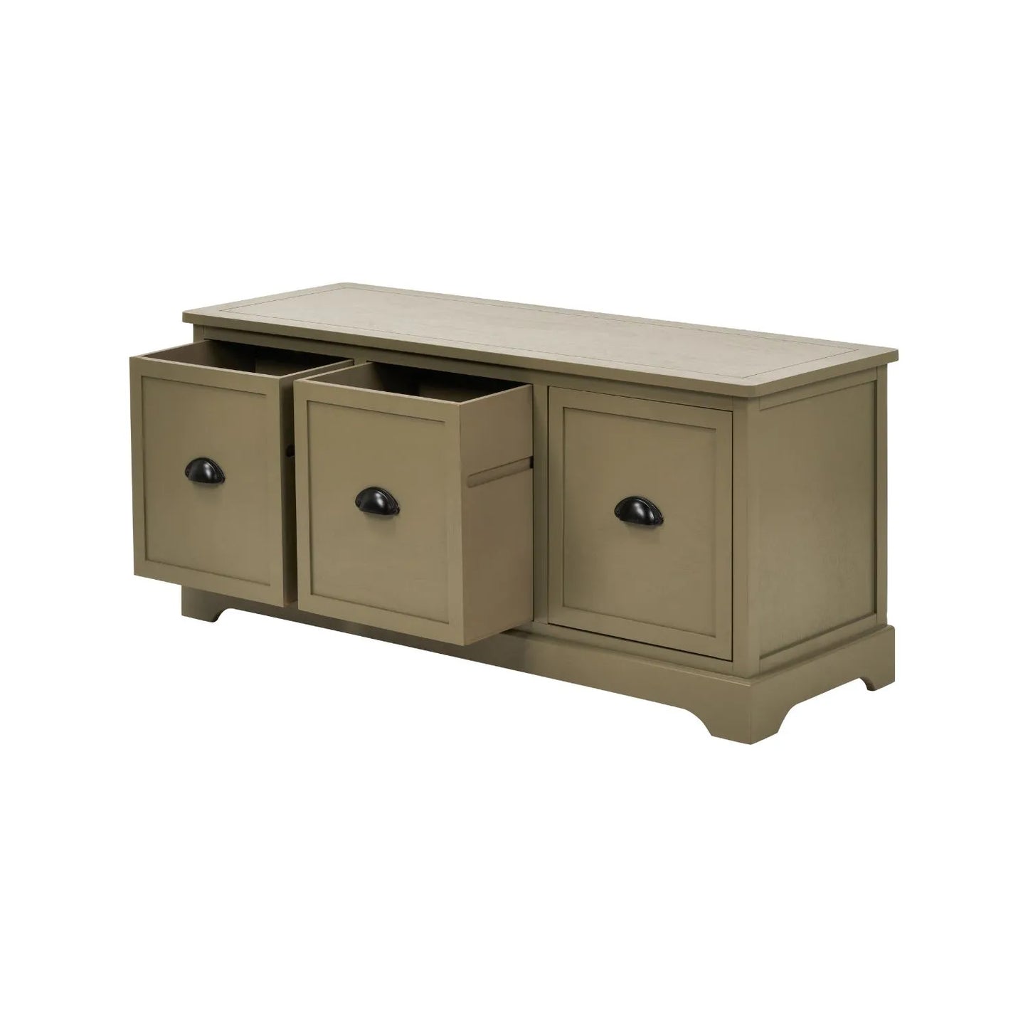 Olive Green Pine Wood Low 3 Drawer Storage Unit with Matt Black Cup Handles Angled View with Two Drawers Open 48x107x39cm | Click Style