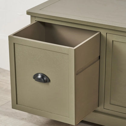 Olive Green Pine Wood Low 3 Drawer Storage Unit with Matt Black Cup Handles Close Up with Left Drawer Open 48x107x39cm | Click Style