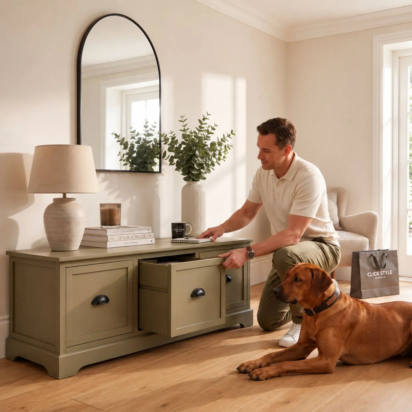Olive Green Pine Wood Low 3 Drawer Storage Unit with Matt Black Cup Handles styled in a modern country living room with man opening the drawer and decorative accessories | Click Style