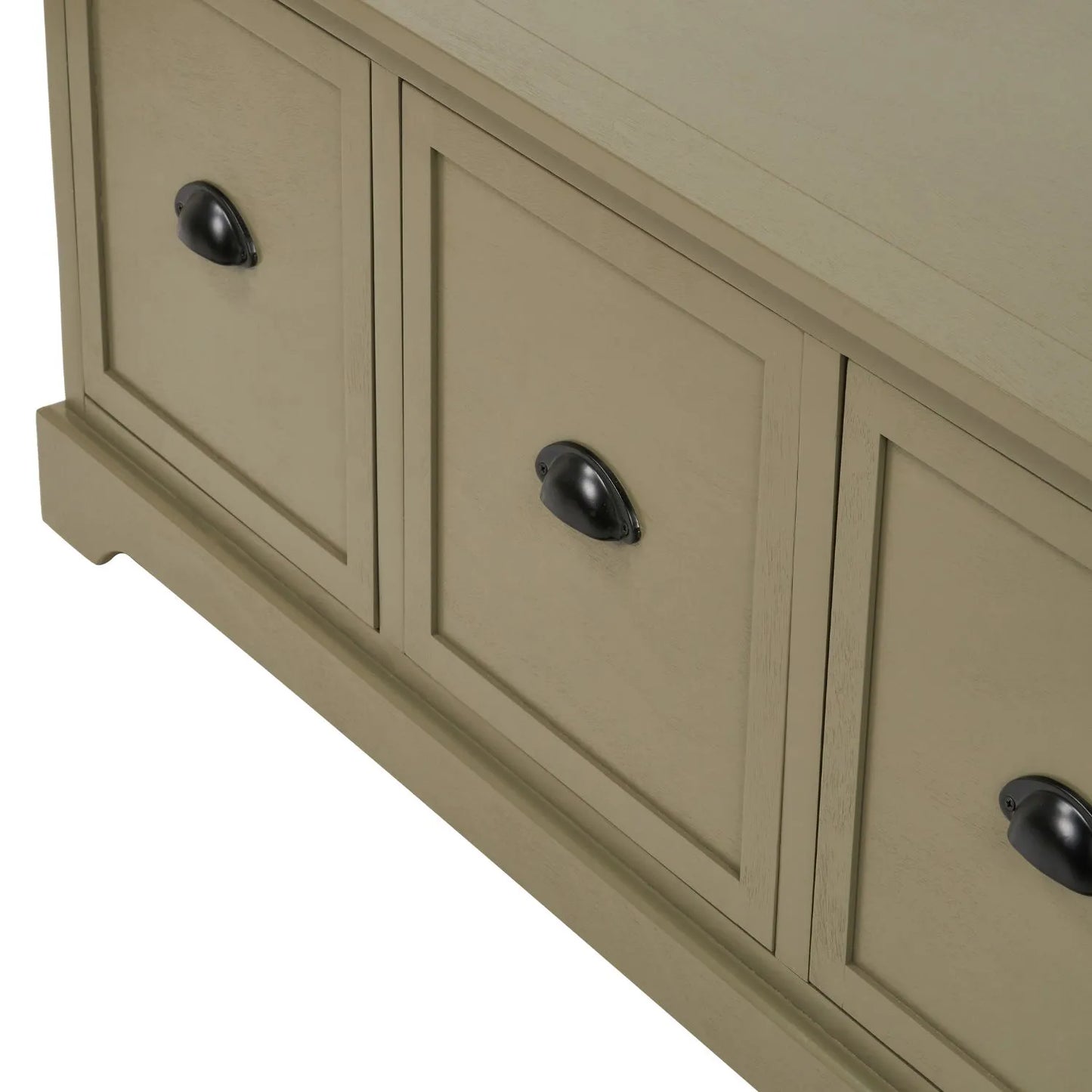 Olive Green Pine Wood Low 3 Drawer Storage Unit with Matt Black Cup Handles Close Up of Closed Drawer Fronts 48x107x39cm | Click Style