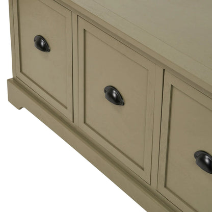 Olive Green Pine Wood Low 3 Drawer Storage Unit with Matt Black Cup Handles Close Up of Closed Drawer Fronts 48x107x39cm | Click Style