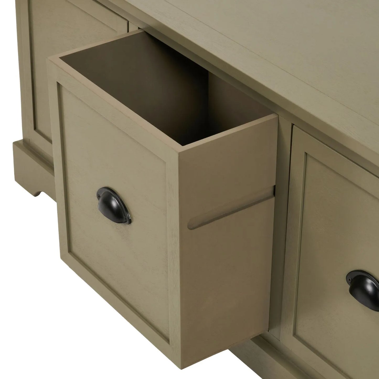 Olive Green Pine Wood Low 3 Drawer Storage Unit with Matt Black Cup Handles Front View with Middle Drawer Open 48x107x39cm | Click Style