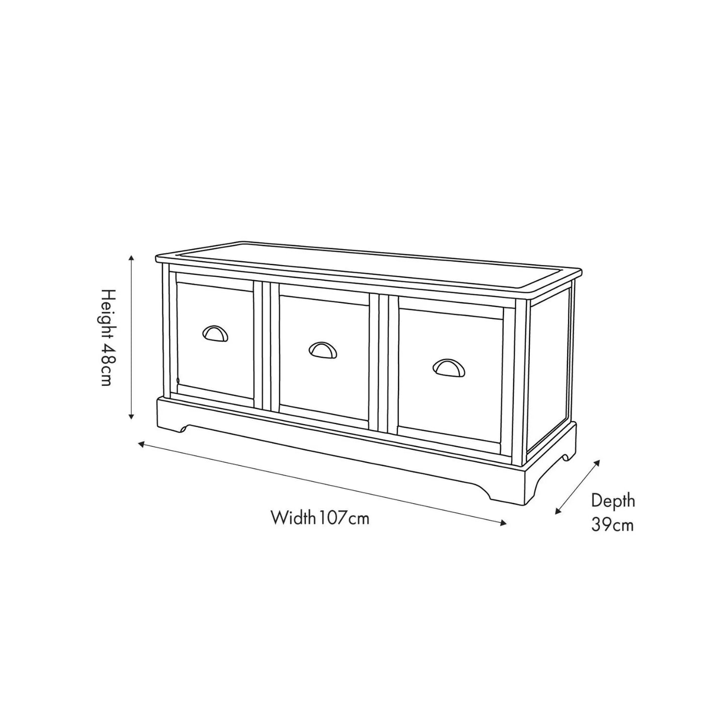 Olive Green Pine Wood Low 3 Drawer Storage Unit with Matt Black Cup Handles Dimensions Diagram 48x107x39cm | Click Style