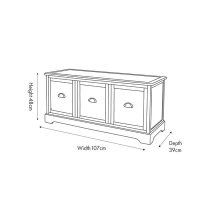 Olive Green Pine Wood Low 3 Drawer Storage Unit with Matt Black Cup Handles Dimensions Diagram 48x107x39cm | Click Style