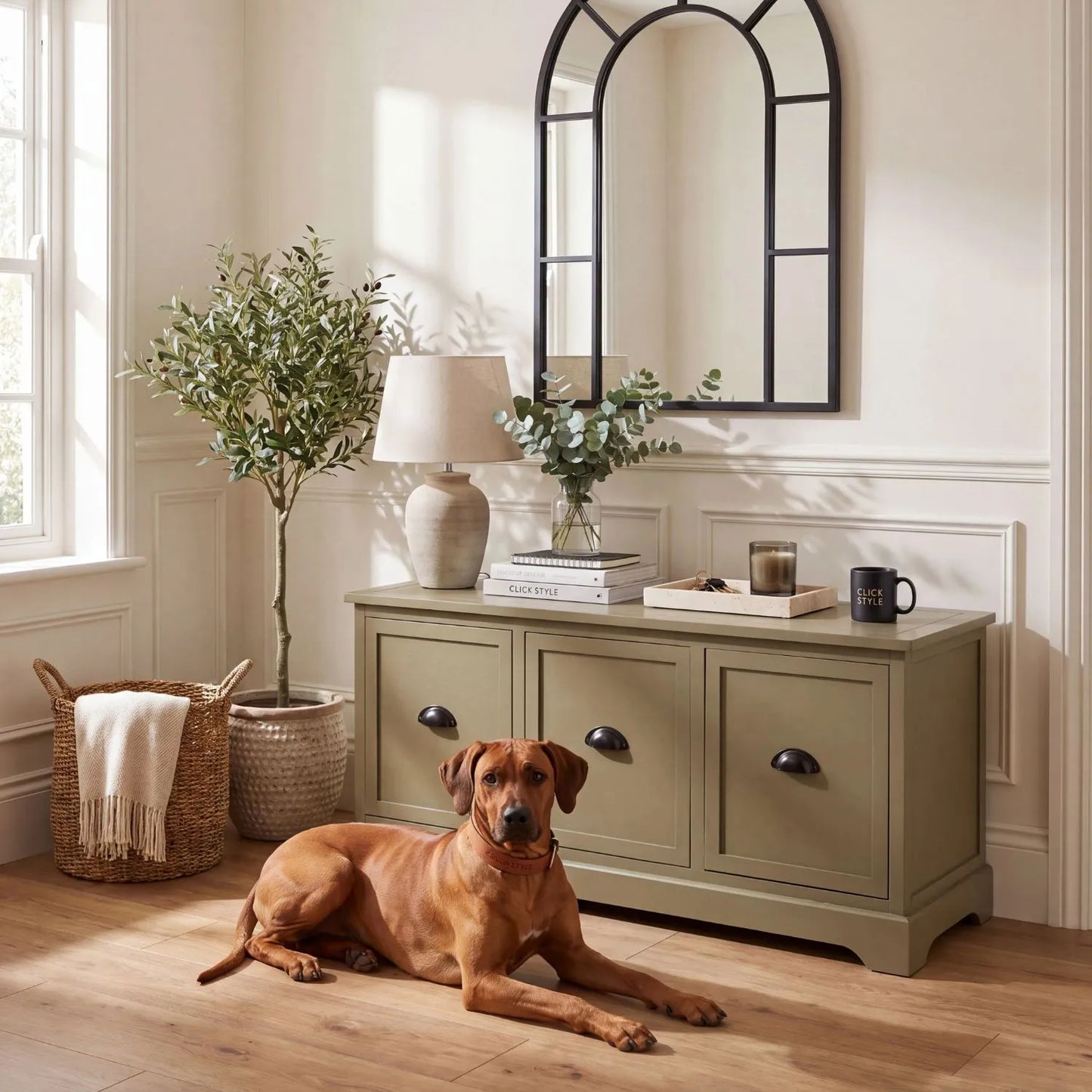 Olive Green Pine Wood Low 3 Drawer Storage Unit with Matt Black Cup Handles styled in a modern country living room with Rhodesian Ridgeback dog and decorative accessories | Click Style