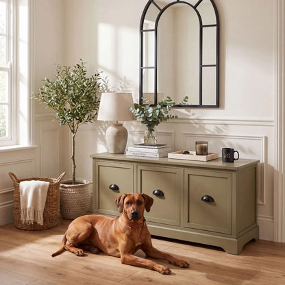 Olive Green Pine Wood Low 3 Drawer Storage Unit with Matt Black Cup Handles styled in a modern country living room with Rhodesian Ridgeback dog and decorative accessories | Click Style